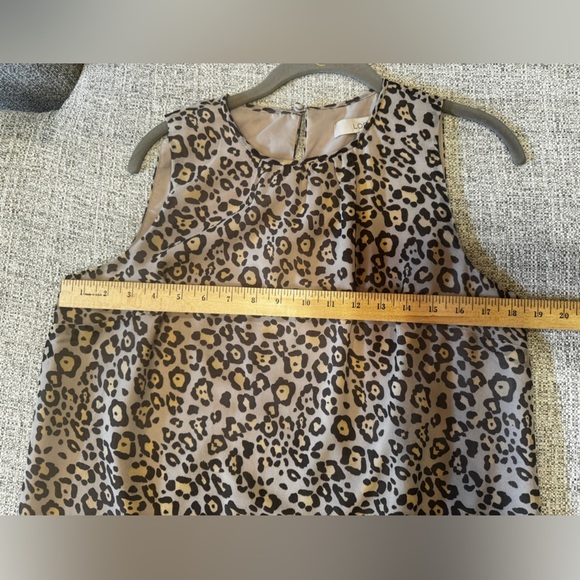 Loft Cream Brown Leopard Print Sleeveless Ruffle Hem Shift Dress Lined Sz M - Picture 12 of 13